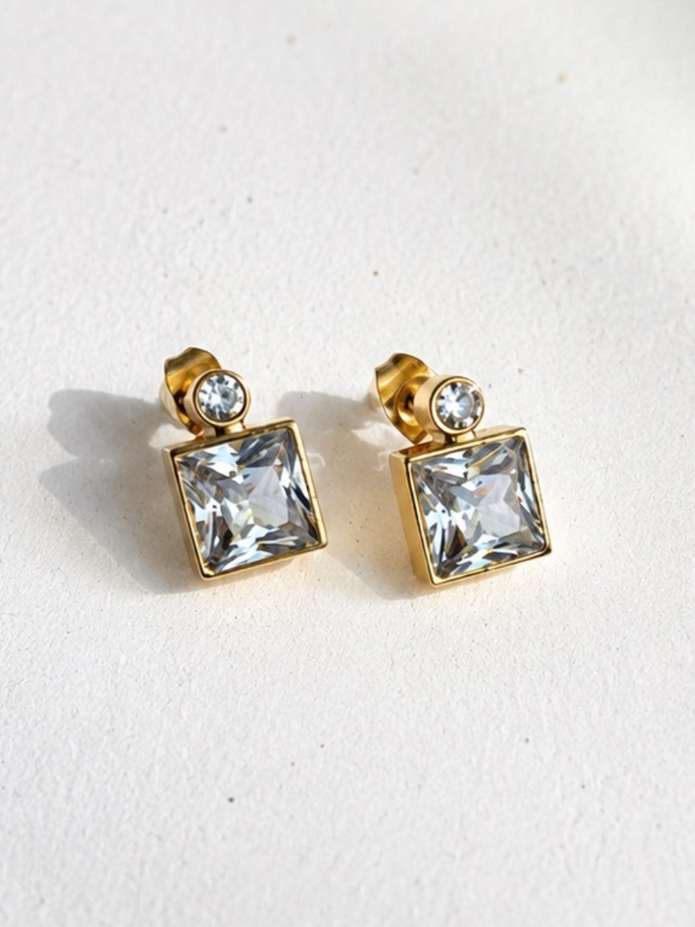 18k gold plated stainless steel classic crystal square stud earrings